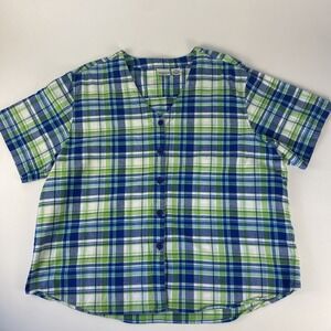 Carolina Colours Shirt Top Women's Plus 24W Green Blue Plaid Short Sleeve Button